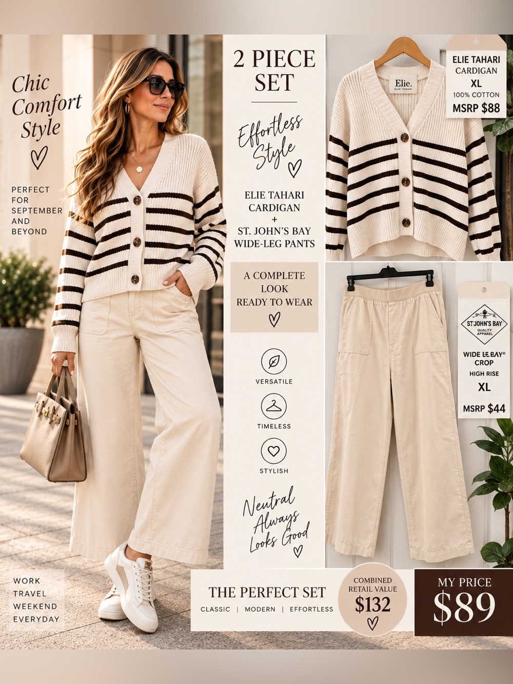 Elie Tahari Cream & Black Striped V-Neck Cardigan with Wide-Leg Crop Pants